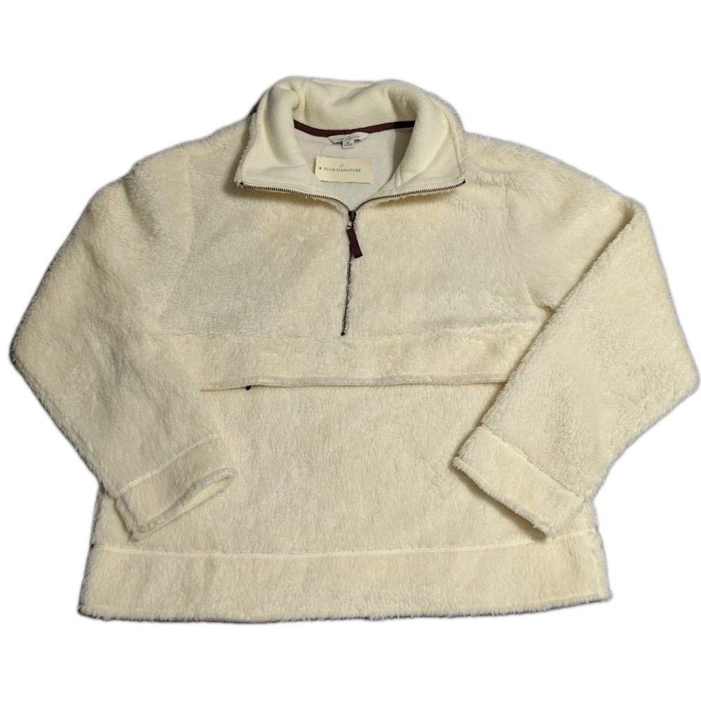 LL Bean Signature‎ Womens Medium Sherpa Fleece Quarter Zip Pullover Cream NWT